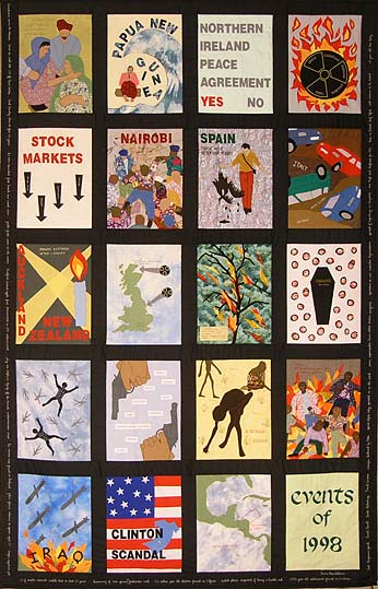 20 panel quilt with appliques showing the listed events