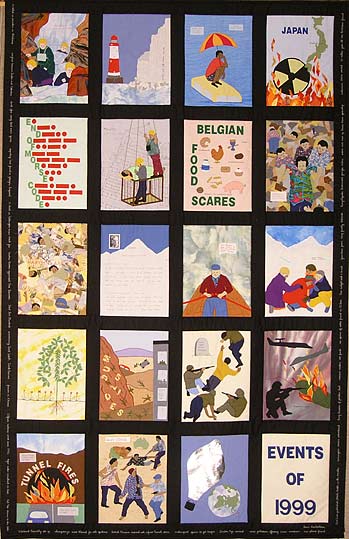 20 panel quilt with appliques showing the listed events